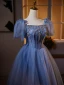 Chic / Beautiful Ocean Blue Glitter Rhinestone Prom Dresses 2024 Ball Gown Square Neckline Puffy Short Sleeve Backless Formal Dresses Prom Floor-Length / Long
