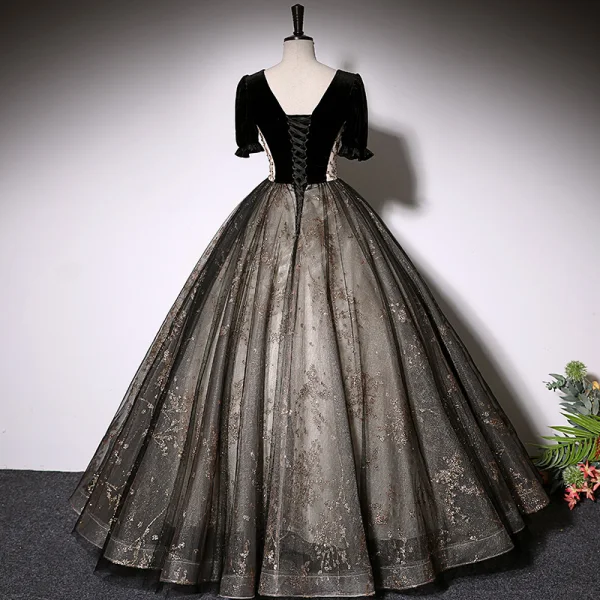 Elegant Black Suede Prom Dresses 2022 Ball Gown Scoop Neck Bell sleeves Backless Beading Sequins Floor-Length / Long Formal Dresses