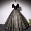 Elegant Black Suede Prom Dresses 2022 Ball Gown Scoop Neck Bell sleeves Backless Beading Sequins Floor-Length / Long Formal Dresses