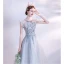 Chic / Beautiful Sky Blue Beading Pearl Rhinestone Prom Dresses 2023 A-Line / Princess Scoop Neck Bow Sleeveless Backless Floor-Length / Long Prom Formal Dresses