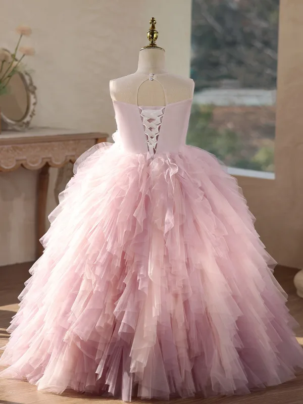 Chic / Beautiful Blushing Pink Beading Flower Cascading Ruffles Birthday Flower Girl Dresses 2026 Ball Gown Scoop Neck Sleeveless Backless Floor-Length / Long Tulle