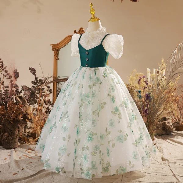 Chic / Belle Vert Foncé Floral Promo Robe Ceremonie Fille 2022 Robe Boule Col Haut Perlage Perle En Dentelle Fleur Gonflée Manches Courtes Longue Robe Ceremonie Fille