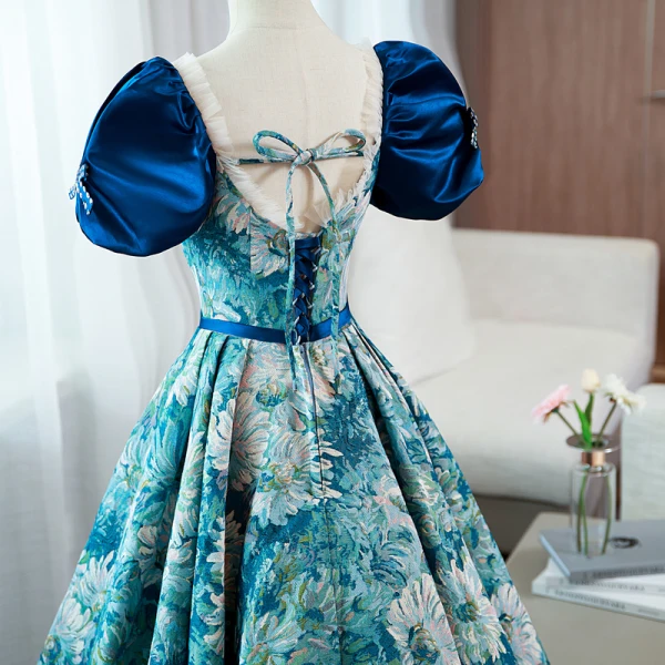 Elegant Pool Blue Printing Prom Dresses 2022 Ball Gown Square Neckline Puffy Short Sleeve Backless Bow Sash Floor-Length / Long Prom Formal Dresses
