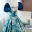 Elegant Pool Blue Printing Prom Dresses 2022 Ball Gown Square Neckline Puffy Short Sleeve Backless Bow Sash Floor-Length / Long Prom Formal Dresses