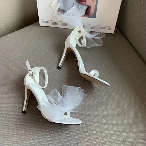 Sexy Blanche Promo Sandales Femme 2022 Bride Cheville Noeud 10 cm Talons Aiguilles Peep Toes / Bout Ouvert Sandales Talons Hauts