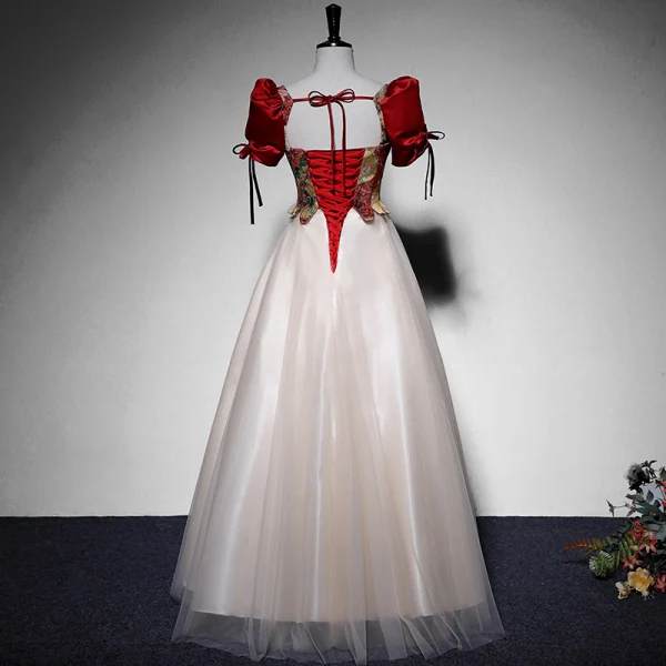 Elegant Burgundy Prom Dresses 2022 A-Line / Princess Square Neckline Puffy Short Sleeve Printing Backless Bow Floor-Length / Long Formal Dresses