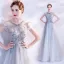 Chic / Beautiful Sky Blue Beading Pearl Rhinestone Prom Dresses 2023 A-Line / Princess Scoop Neck Bow Sleeveless Backless Floor-Length / Long Prom Formal Dresses