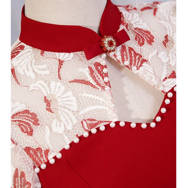 Chinese style Burgundy Pearl Satin Cheongsam Evening Dresses Prom Dresses 2023 A-Line / Princess High Neck Short Sleeve Backless Floor-Length / Long Evening Party Prom Dresses Formal Dresses