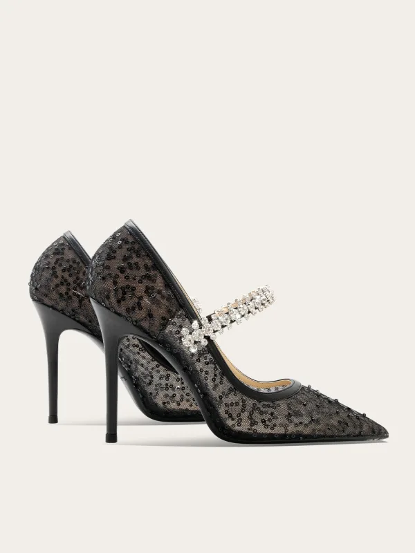 Chic / Beautiful Black Rhinestone Sequins Evening Party Pumps 2025 Tulle 10 cm Stiletto Heels Pointed Toe Pumps