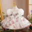 Chic / Belle Blanche Impression Anniversaire Courte Robe Ceremonie Fille 2022 Robe Boule Encolure Carrée Gonflée Manches Courtes Dos Nu Noeud Robe Ceremonie Fille