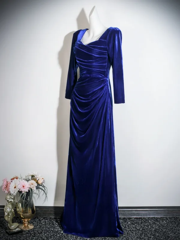 Vintage / Retro Royal Blue Velvet Prom Dresses 2026 Trumpet / Mermaid Square Neckline 3/4 Sleeve Backless Floor-Length / Long Formal Dresses