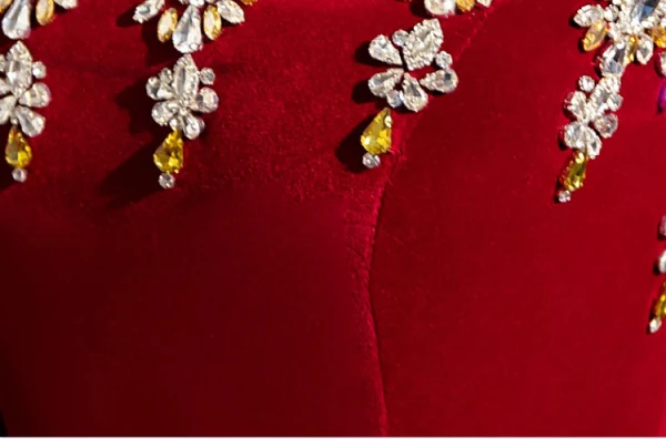 Elegant Burgundy Rhinestone Velvet Prom Dresses 2024 Ball Gown Square Neckline Short Sleeve Backless Sweep Train Prom Formal Dresses