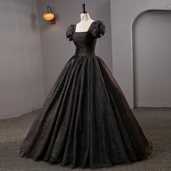Vintage / Retro Black Rhinestone Sequins Lace Flower Prom Dresses 2023 Ball Gown Square Neckline Puffy Short Sleeve Backless Floor-Length / Long Prom Formal Dresses