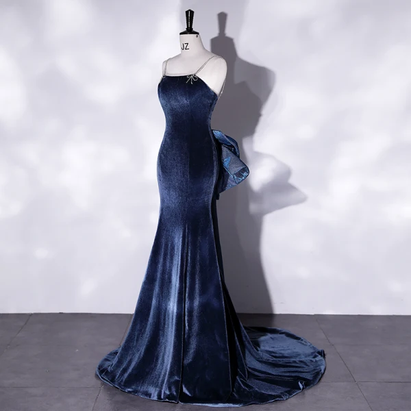 navy blue sexy dress Strapless Navy Blue Appliques Long Dress with Slit – PollyBoutique