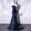 Sexy Bleu Marine Daim Robe De Fete 2022 Trompette / Sirène Faux Diamant Bretelles Spaghetti Sans Manches Dos Nu Noeud Soirée Cocktail Tribunal Train Robe De Ceremonie