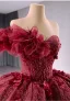High-end Burgundy Appliques Pearl Sequins Prom Dresses 2024 Ball Gown Strapless Sleeveless Backless Chapel Train Tulle Prom Formal Dresses
