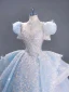 Luxury / Gorgeous Sky Blue Beading Rhinestone Lace Flower Wedding Dresses 2023 Ball Gown High Neck Puffy Short Sleeve Backless Bow Royal Train