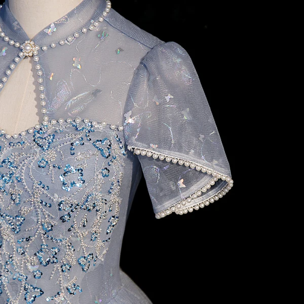 Fashion Sky Blue Beading Pearl Sequins Butterfly Appliques Prom Dresses 2023 A-Line / Princess High Neck Short Sleeve Backless Floor-Length / Long Prom Formal Dresses