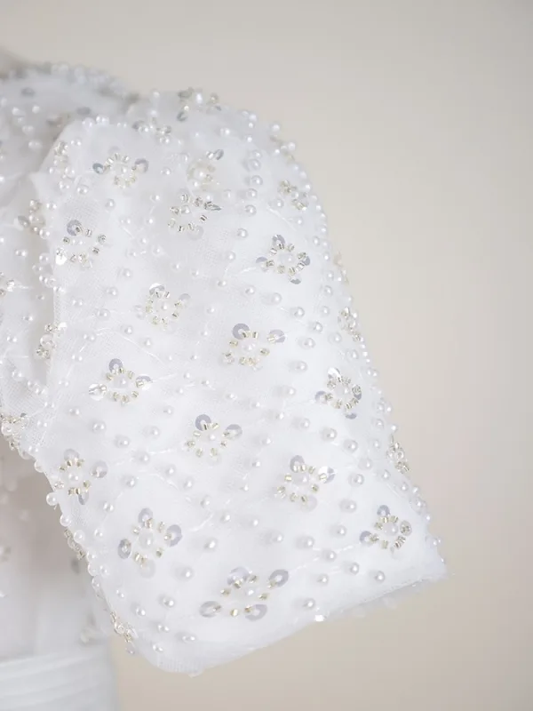 Elegant White Beading Pearl Sequins Flower Girl Dresses 2024 Ball Gown Scoop Neck Puffy Short Sleeve Backless Floor-Length / Long Wedding