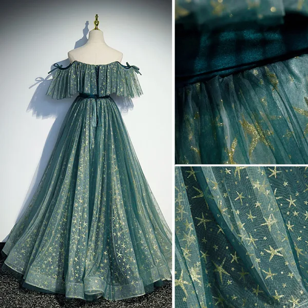 Chic / Beautiful Jade Green Prom Dresses 2022 A-Line / Princess Off-The-Shoulder Star Sequins Short Sleeve Backless Sash Floor-Length / Long Formal Dresses