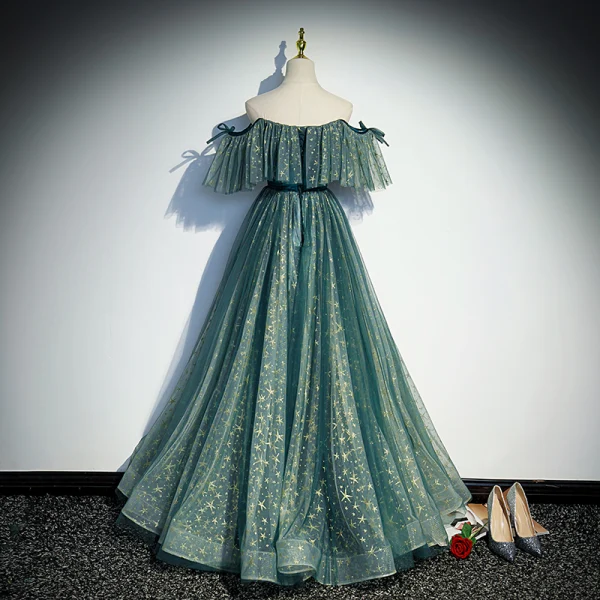 Chic / Beautiful Jade Green Prom Dresses 2022 A-Line / Princess Off-The-Shoulder Star Sequins Short Sleeve Backless Sash Floor-Length / Long Formal Dresses