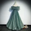 Chic / Beautiful Jade Green Prom Dresses 2022 A-Line / Princess Off-The-Shoulder Star Sequins Short Sleeve Backless Sash Floor-Length / Long Formal Dresses