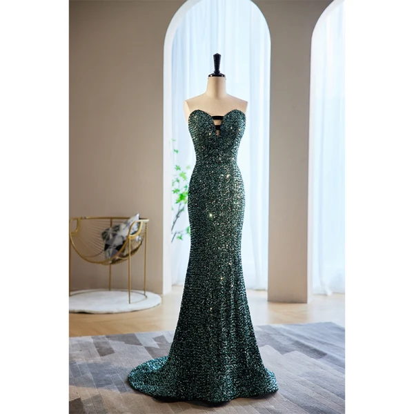 Scintillantes Vert Foncé Perlage Paillettes Robe De Soirée 2023 Trompette / Sirène Encolure Carrée Manches Courtes Dos Nu Noeud Longue Soirée Robe De Ceremonie