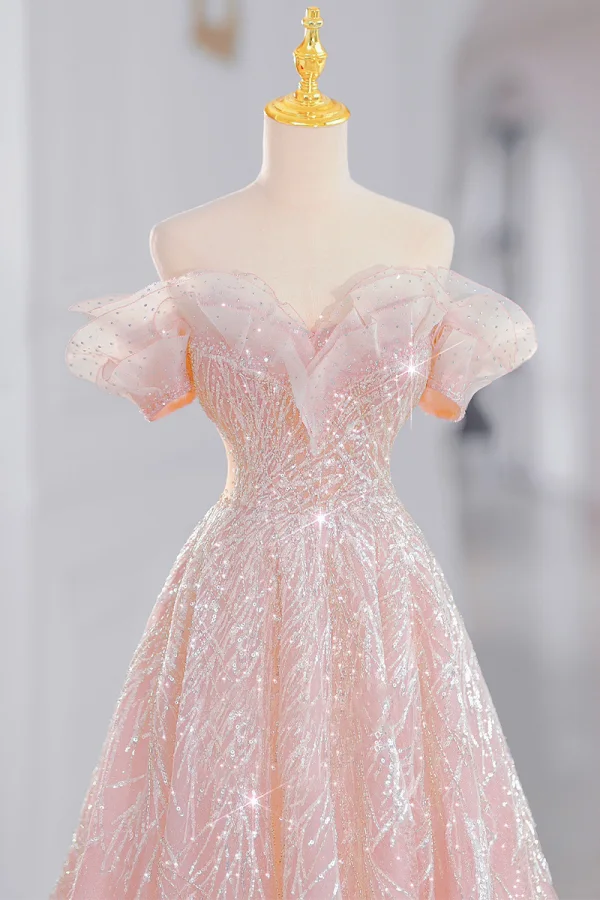 Glitzernden Pink Perlenstickerei Pailletten Ballkleider 2023 A Linie Off Shoulder Ärmellos Rückenfreies Sweep / Pinsel Zug Ball Festliche Kleider