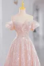 Glitzernden Pink Perlenstickerei Pailletten Ballkleider 2023 A Linie Off Shoulder Ärmellos Rückenfreies Sweep / Pinsel Zug Ball Festliche Kleider