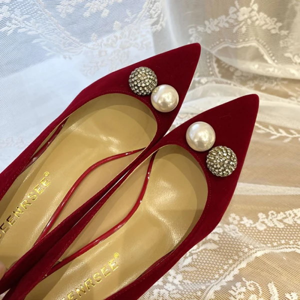 Chic / Beautiful Burgundy Suede Wedding Shoes 2022 10 cm Stiletto Heels Leather Pearl Rhinestone Pointed Toe Wedding Pumps High Heels