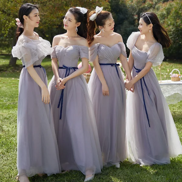 Modest / Simple Lavender Bridesmaid Dresses 2022 A-Line / Princess Short Sleeve Backless Bow Sash Floor-Length / Long Bridesmaid