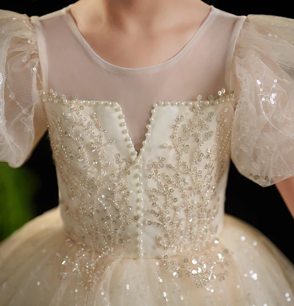 Bling Bling Beading Champagne Pearl Sequins Flower Girl Dresses 2024 Ball Gown Birthday Scoop Neck Puffy Short Sleeve Floor-Length / Long