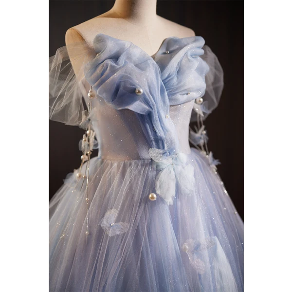 Charming Sky Blue Glitter Pearl Appliques Prom Dresses 2023 Ball Gown Off-The-Shoulder Sleeveless Backless Floor-Length / Long Prom Formal Dresses
