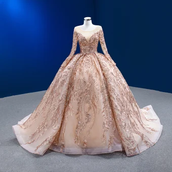 Luxury Gorgeous Sparkly Champagne Handmade Beading Sequins Wedding Dresses 2022 Ball Gown Scoop Neck Long Sleeve Backless Court Train Wedding