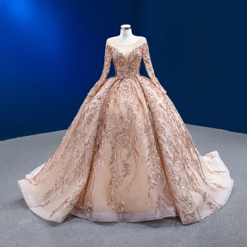 Luxury Gorgeous Sparkly Champagne Handmade Beading Sequins Wedding Dresses 2022 Ball Gown Scoop Neck Long Sleeve Backless Court Train Wedding