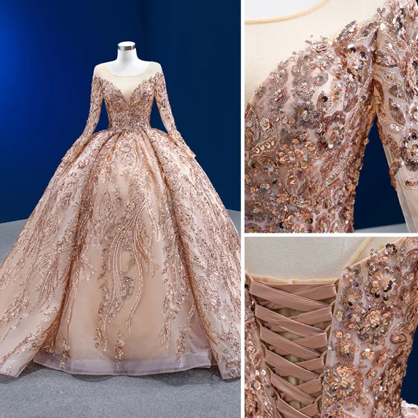 Luxury / Gorgeous Sparkly Champagne Handmade  Beading Sequins Wedding Dresses 2022 Ball Gown Scoop Neck Long Sleeve Backless Court Train Wedding