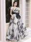 Fashion Black Printing Prom Dresses 2023 A-Line / Princess Off-The-Shoulder Short Sleeve Backless Bow Sash Floor-Length / Long Prom Formal Dresses
