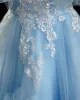 Fashion Sky Blue Sequins Lace Flower Ruffle Birthday Flower Girl Dresses 2024 Ball Gown Scoop Neck Short Sleeve Floor-Length / Long