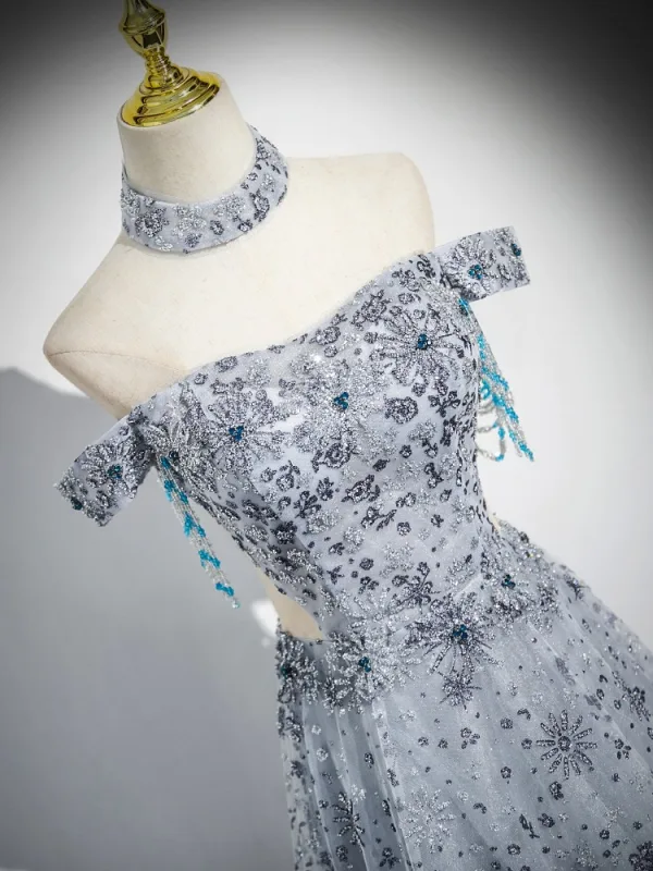 Scintillantes Bleu Ciel Perlage Paillettes Robe De Bal 2025 Princesse De l'épaule Manches Courtes Dos Nu Longue Promo Robe De Ceremonie