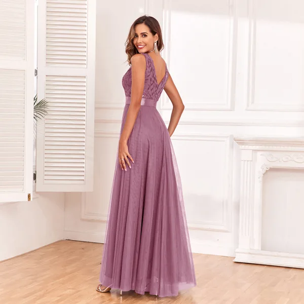 Chic / Beautiful Ocean Blue Lace Flower Sequins Evening Dresses 2024 A-Line / Princess V-Neck Sleeveless Backless Floor-Length / Long Evening Party Formal Dresses