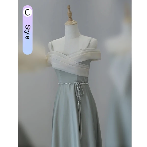 Modest / Simple Grey Bow Bridesmaid Dresses 2023 A-Line / Princess Off-The-Shoulder Short Sleeve Backless Pearl Sash Floor-Length / Long Prom Bridesmaid Dresses
