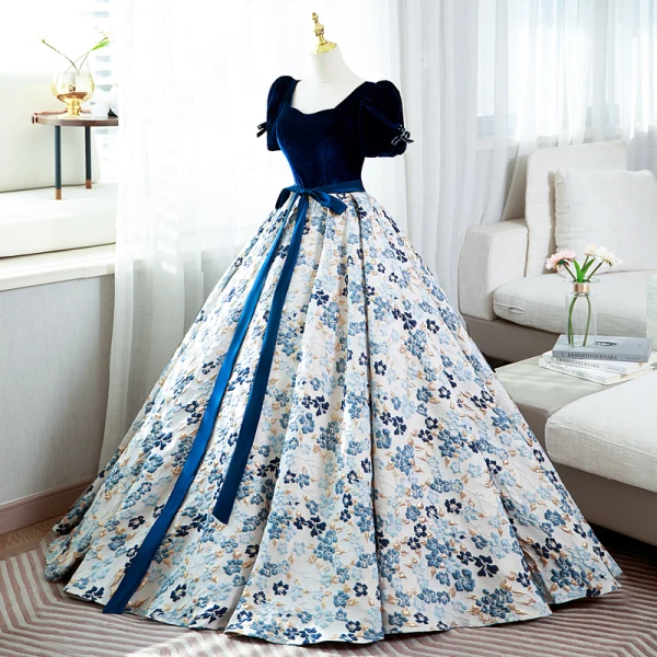 Elegant Navy Blue Floral Prom Dresses 2022 Ball Gown Square Neckline Bow Sash Short Sleeve Backless Floor-Length / Long Prom Formal Dresses