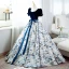 Elegant Navy Blue Floral Prom Dresses 2022 Ball Gown Square Neckline Bow Sash Short Sleeve Backless Floor-Length / Long Prom Formal Dresses