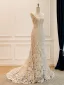 Luxury / Gorgeous Fashion Champagne Handmade  Pearl Sequins Lace Flower Wedding Dresses 2026 Trumpet / Mermaid Halter Sleeveless Sweep Train