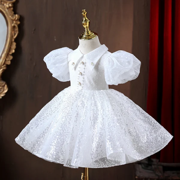Chic / Beautiful White Pearl Sequins Flower Girl Dresses 2022 A-Line / Princess High Neck Puffy Short Sleeve Floor-Length / Long Prom Flower Girl Dresses