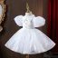 Chic / Beautiful White Pearl Sequins Flower Girl Dresses 2022 A-Line / Princess High Neck Puffy Short Sleeve Floor-Length / Long Prom Flower Girl Dresses