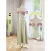 Modest / Simple Sage Green Bow Sash Bridesmaid Dresses 2023 A-Line / Princess Spaghetti Straps Short Sleeve Backless Floor-Length / Long Bridesmaid Dresses
