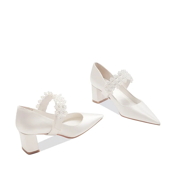 Elegant White Pearl Satin Leather Wedding Shoes 2023 7 cm Thick Heels Pointed Toe Wedding Pumps
