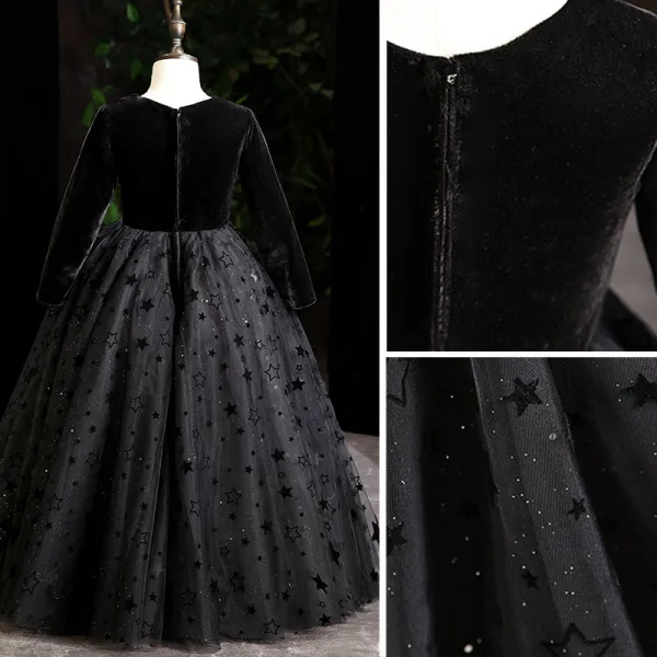 Chic / Beautiful Black Birthday Flower Girl Dresses 2022 Ball Gown Scoop Neck Suede Star Sequins Long Sleeve Floor-Length / Long Flower Girl Dresses