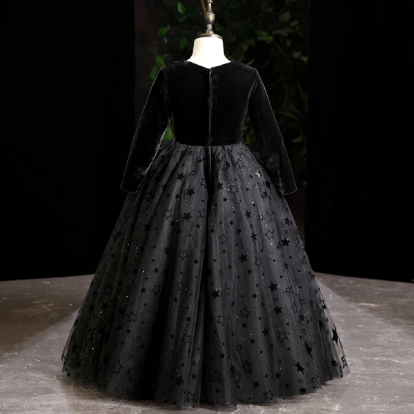Chic / Beautiful Black Birthday Flower Girl Dresses 2022 Ball Gown Scoop Neck Suede Star Sequins Long Sleeve Floor-Length / Long Flower Girl Dresses